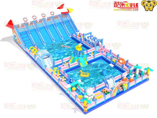 Groot opblaasbaar water pretpark Hindernissen rond twee grote zwembaden 15*30*7m