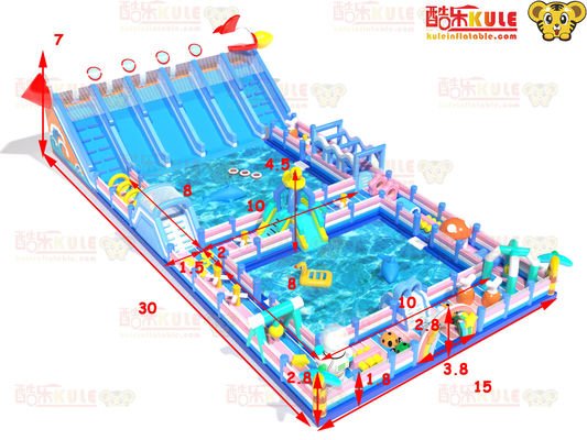 Groot opblaasbaar water pretpark Hindernissen rond twee grote zwembaden 15*30*7m