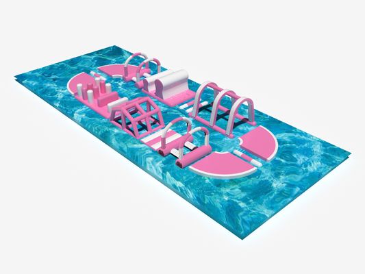 Roze opblaasbare waterhindernisbaan buitenpark voor de zomer