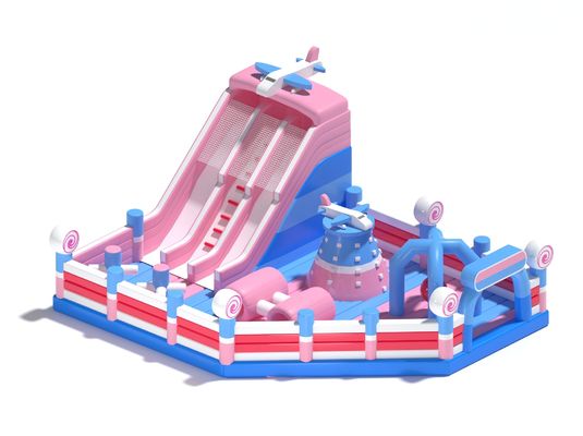 Kinderen opblaasbaar klein springkasteel roze blauw met glijbanen