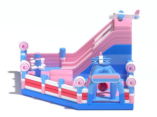 Kinderen opblaasbaar klein springkasteel roze blauw met glijbanen